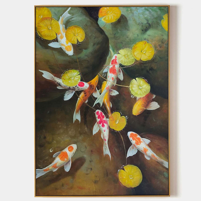 Koi Among Golden Lily Pads