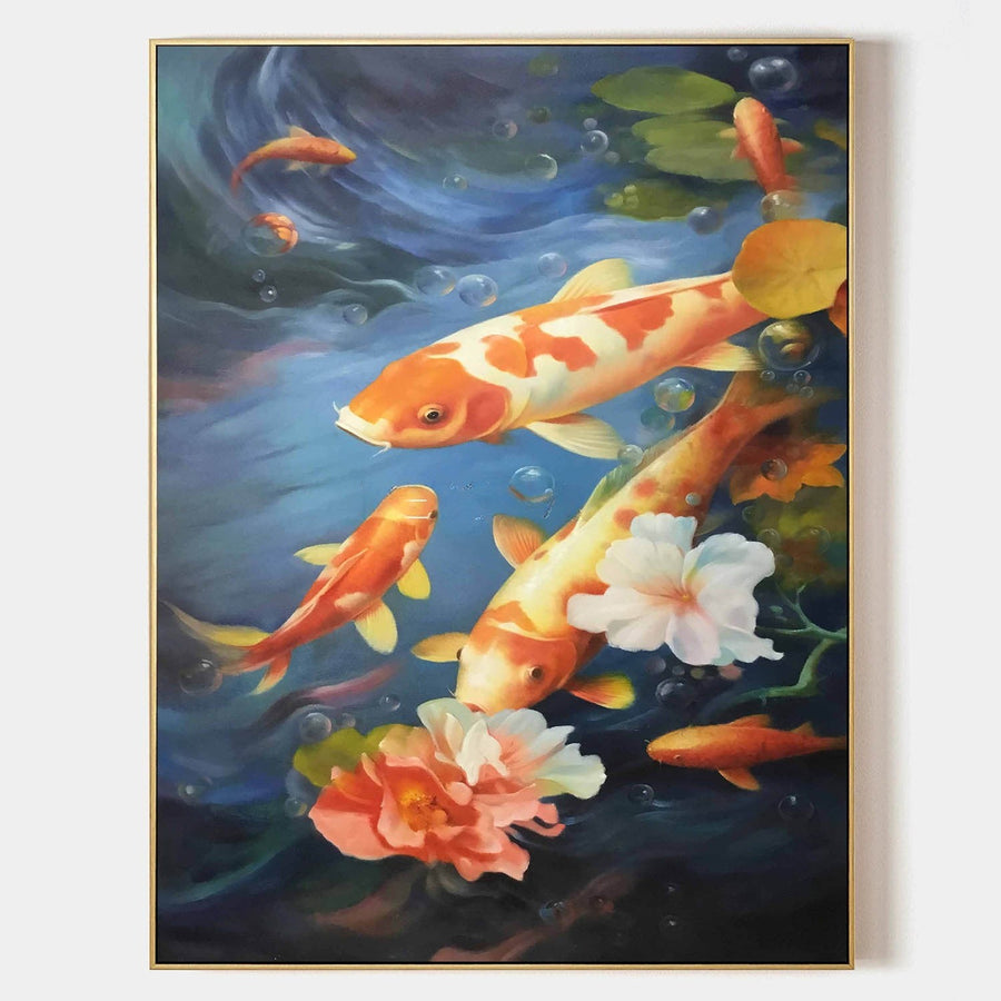Koi and Blossoms in Deep Blue