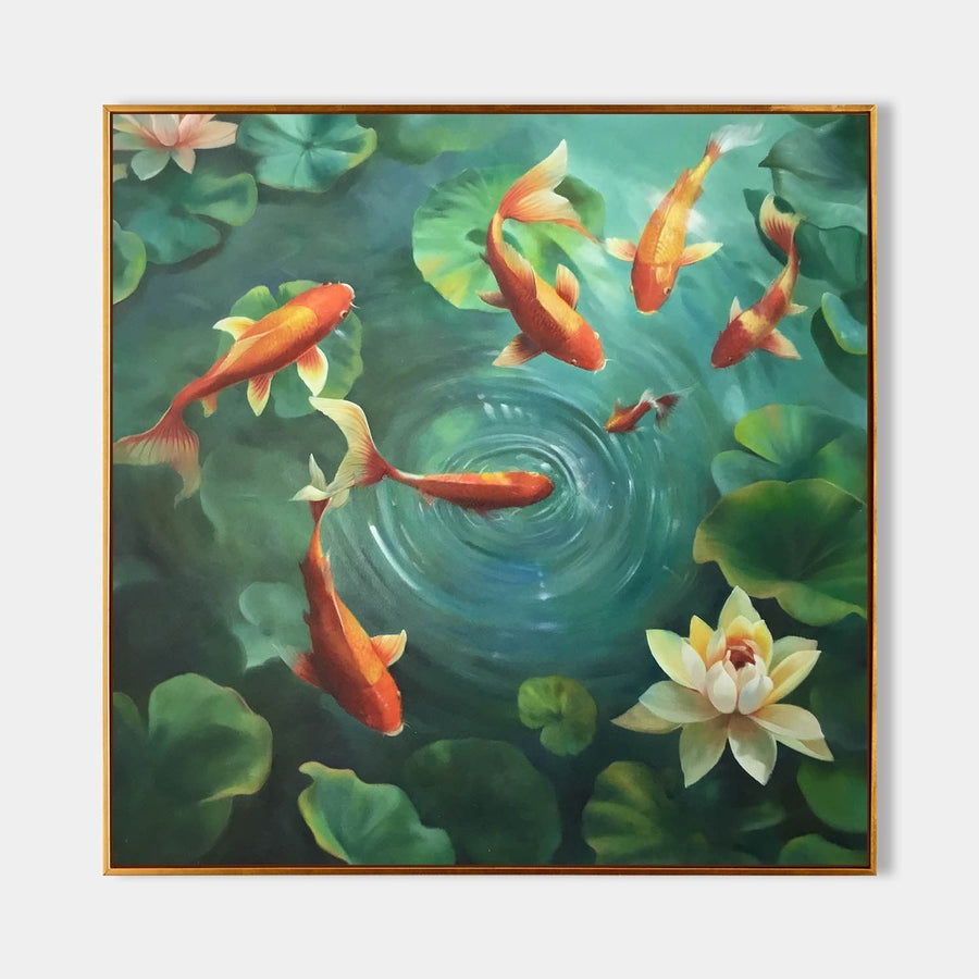 Koi Circling a Lotus Pond