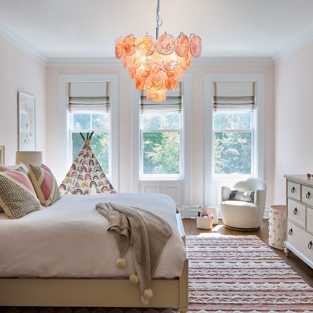 Large Pink Alabaster Glass Disk Cluster Chandelier