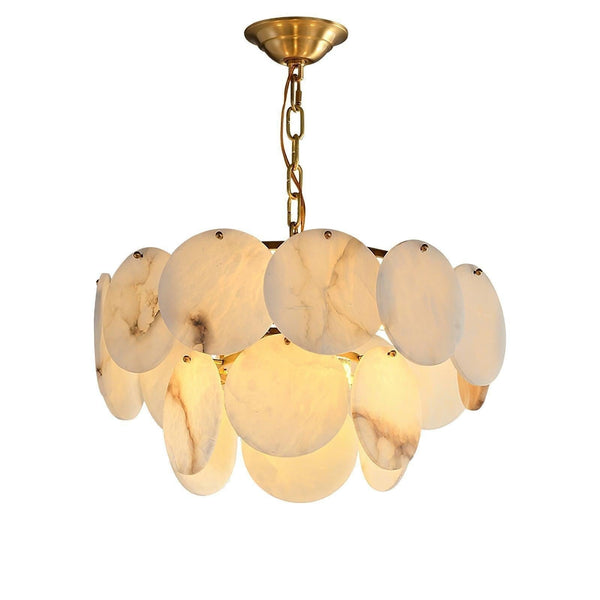 Layered Alabaster Shell and Brass Tiered Chandelier