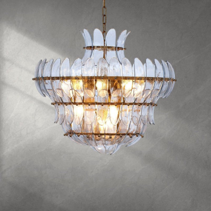 Layered Blown Glass Cluster Chandelier with Antique Brass