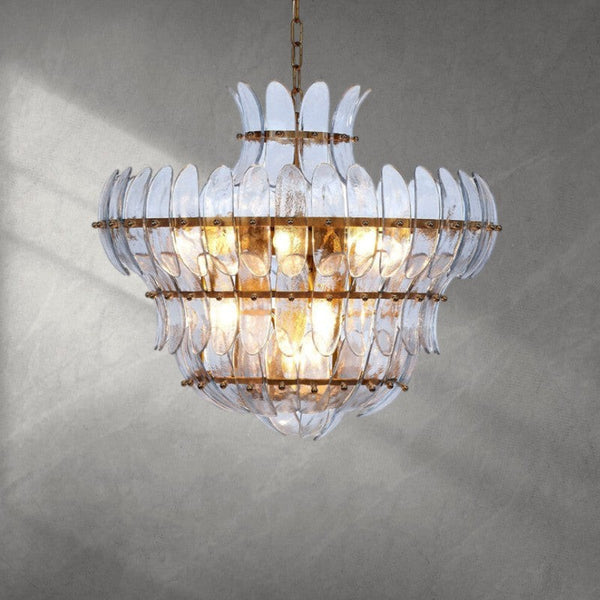 Layered Blown Glass Cluster Chandelier with Antique Brass