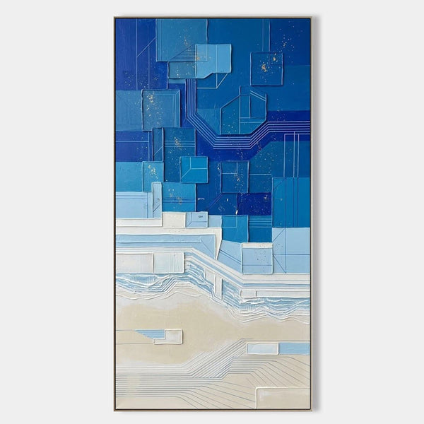 Layered Blue Tiles Meeting Sand