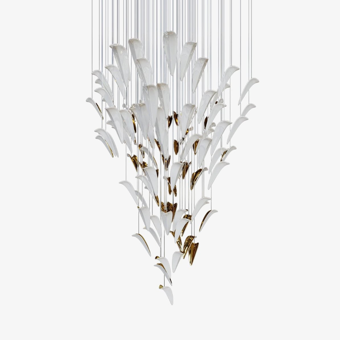 Layered Feather Glass and Gold Cone Chandelier