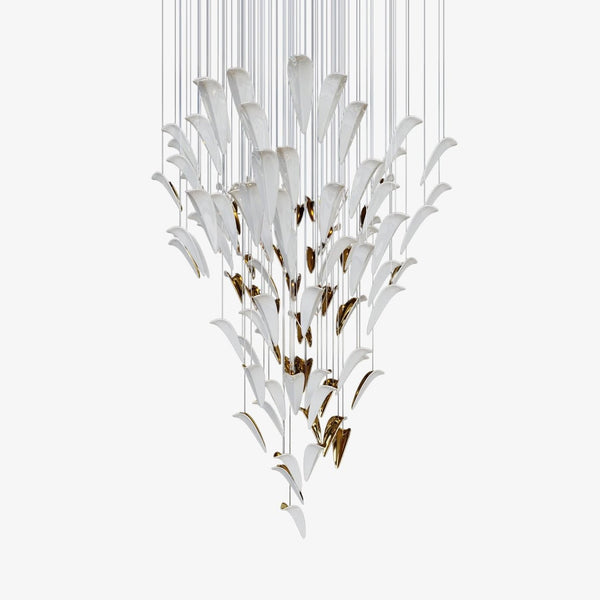 Layered Feather Glass and Gold Cone Chandelier