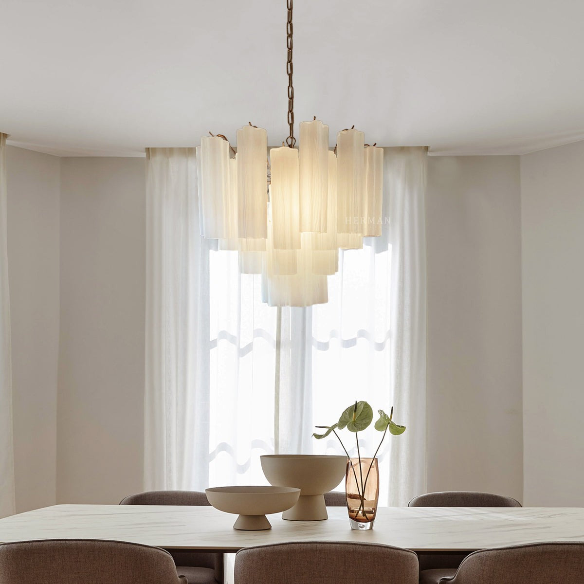 Layered Glass Tube Cluster Chandelier with Matte White Frame