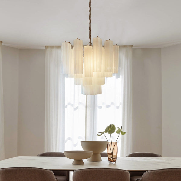 Layered Glass Tube Cluster Chandelier with Matte White Frame