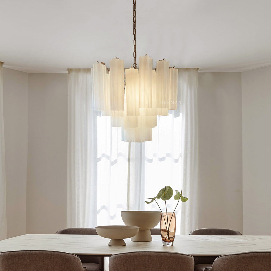 Layered Glass Tube Cluster Chandelier with Matte White Frame