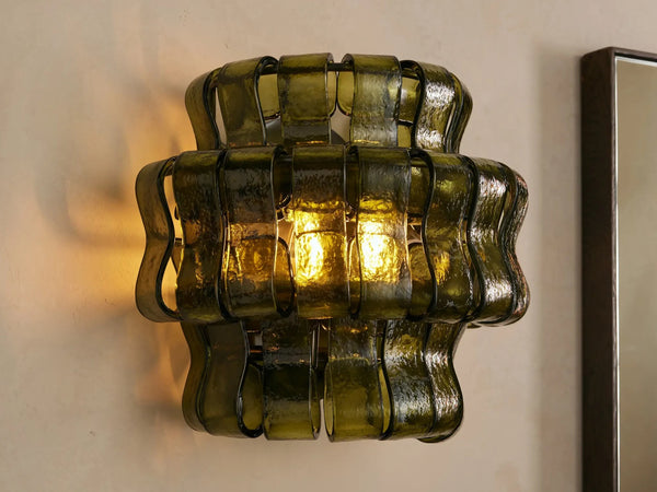 Layered Green Glass Ribbon Brass Wall Sconce