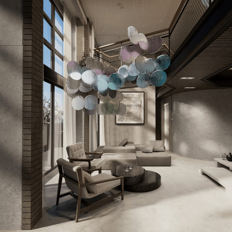 Layered Iridescent Glass Disc Cluster Chandelier