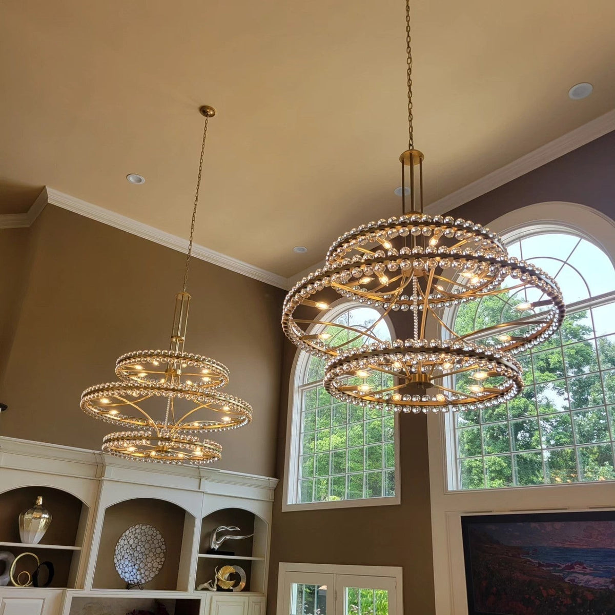 Layered Iron Ring and Glass Globe Cluster Chandelier
