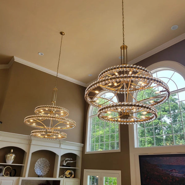Layered Iron Ring and Glass Globe Cluster Chandelier