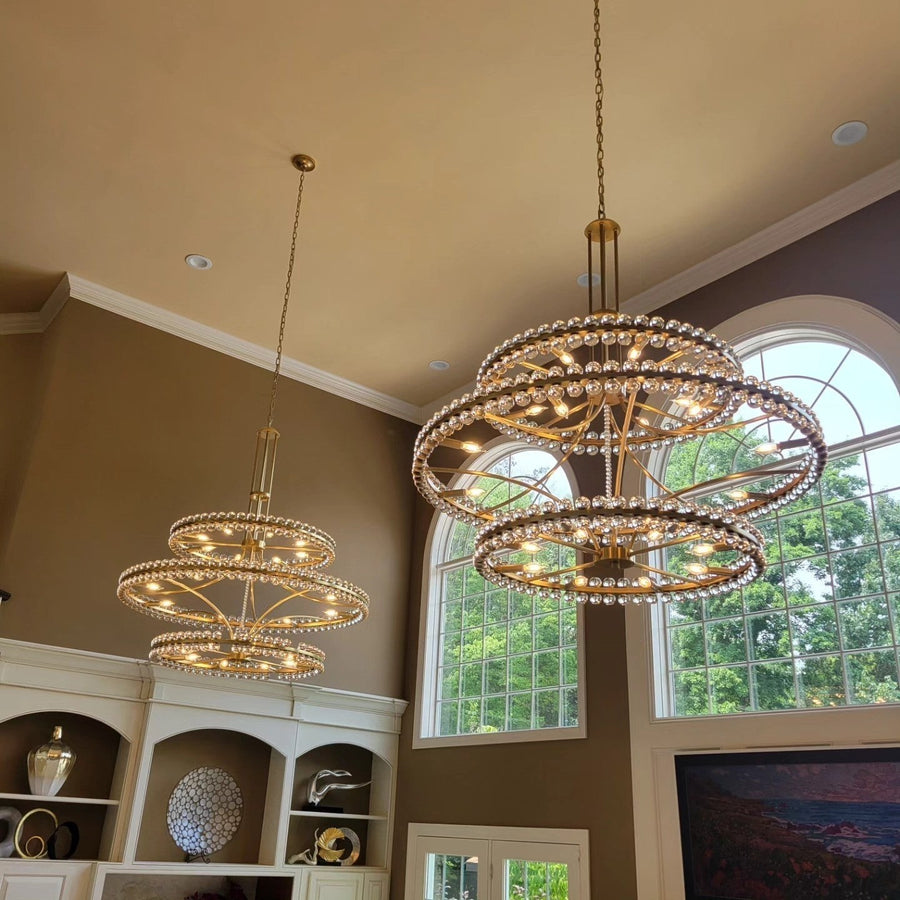 Layered Iron Ring and Glass Globe Cluster Chandelier