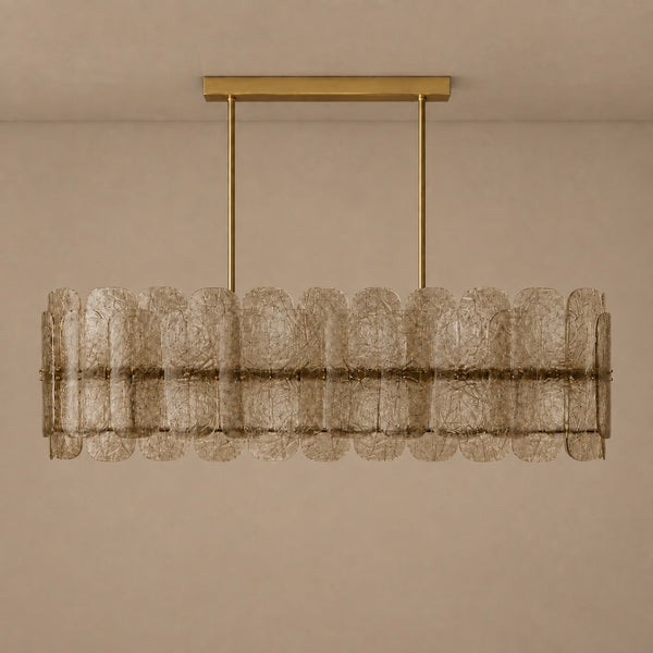 Layered Smoky Glass and Brass Linear Chandelier