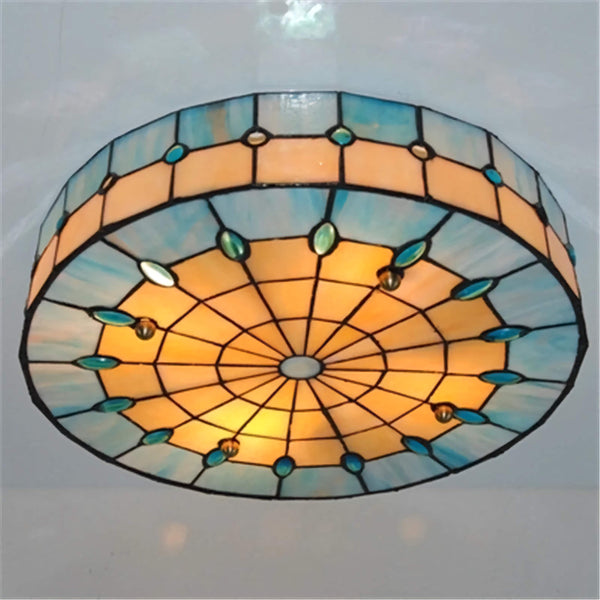 Leaded Blue Stained Glass Flush Mount