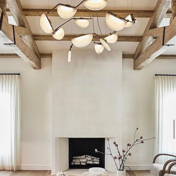 Linear Alabaster and Black Metal Chandelier