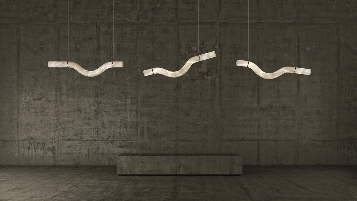 Linear Alabaster and Brass Bent Tube Chandelier
