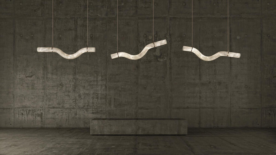 Linear Alabaster and Brass Bent Tube Chandelier