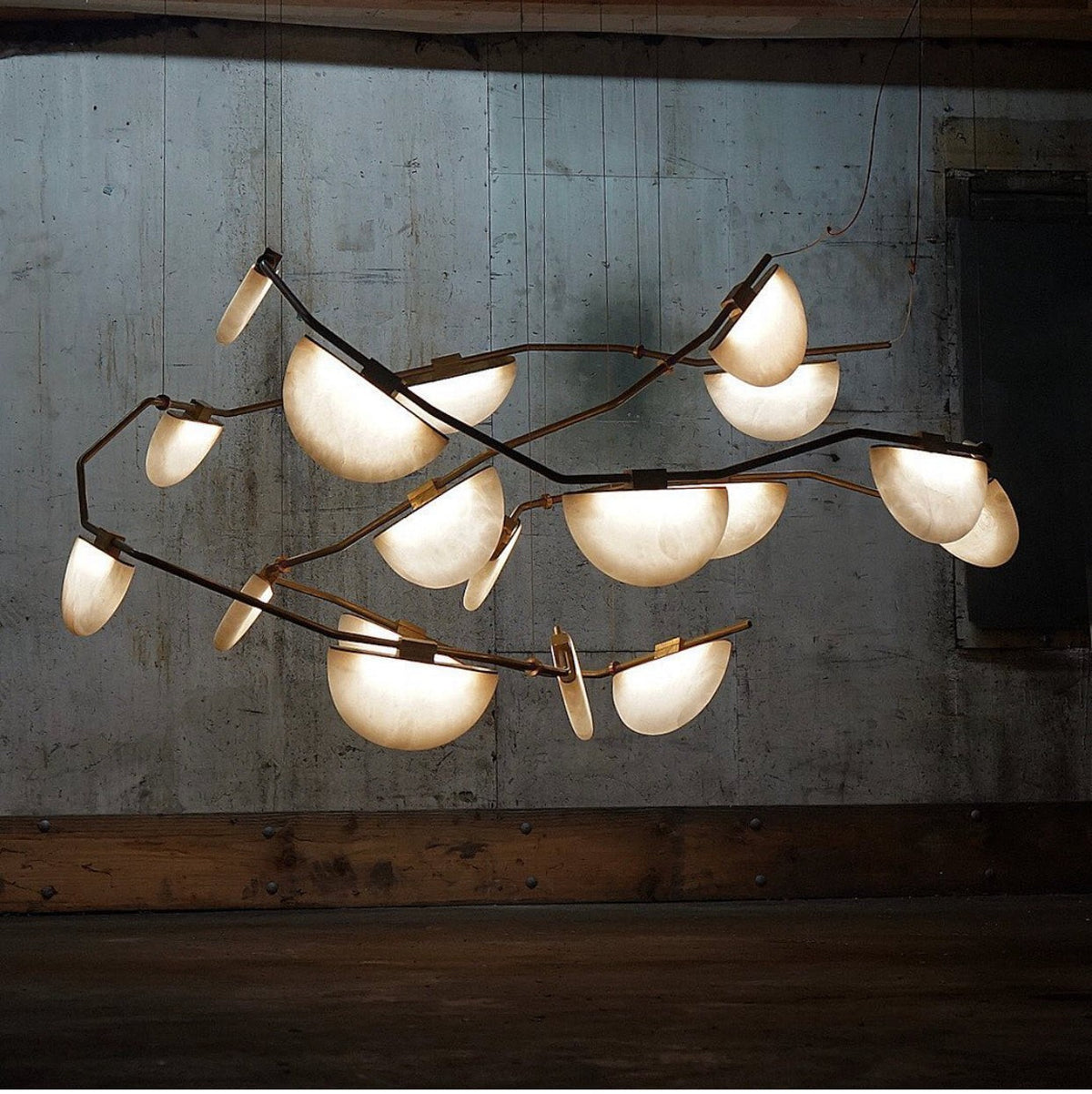 Linear Alabaster and Brass Chandelier