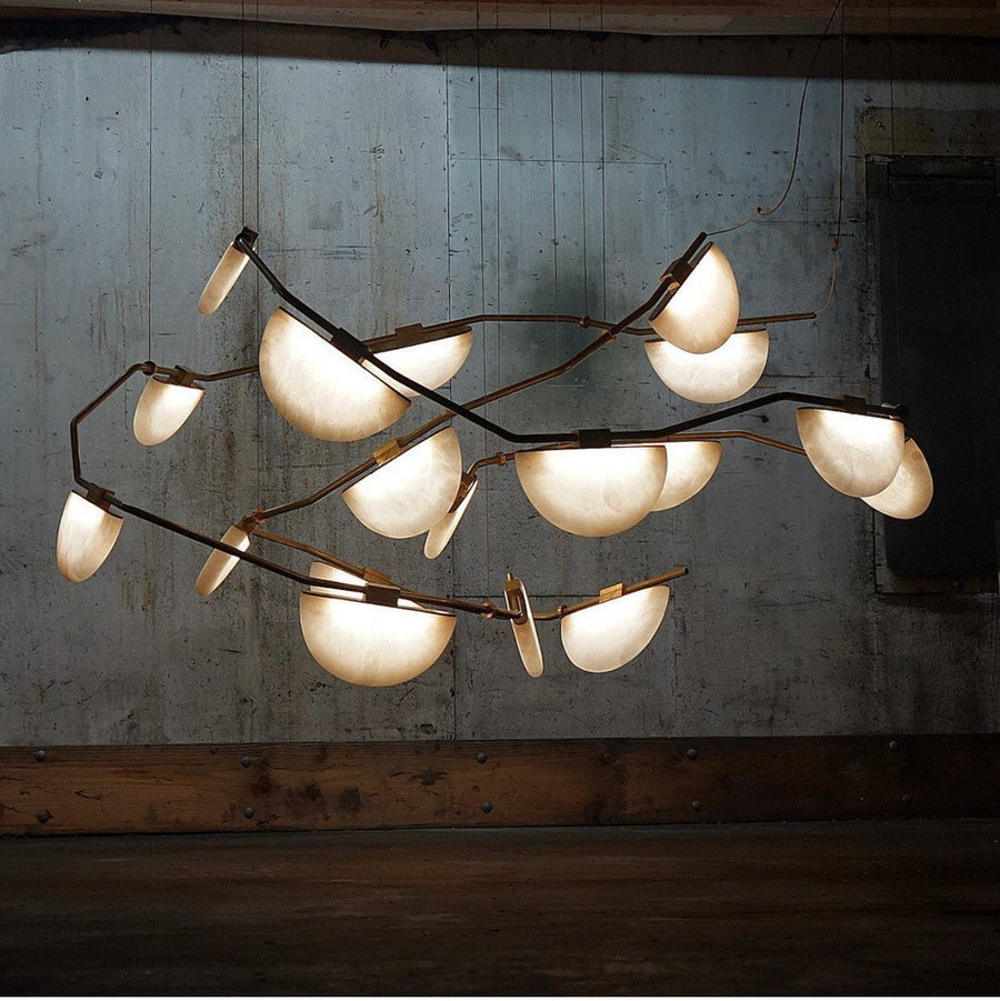 Linear Alabaster and Brass Chandelier