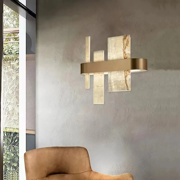 Linear Alabaster and Brass Frame Wall Sconce