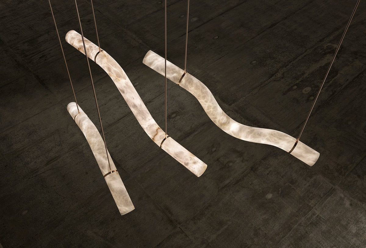 Linear Alabaster and Slim Brass Chandelier