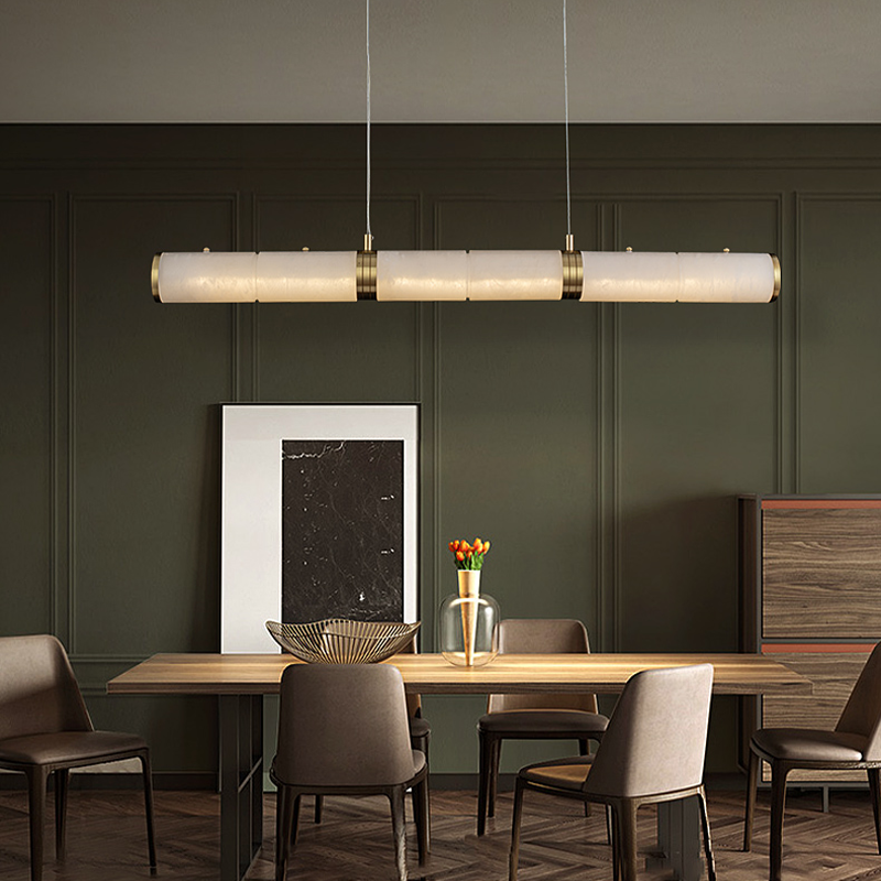 Linear Alabaster Bar and Brass Frame Chandelier