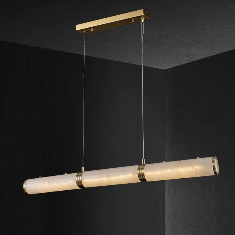 Linear Alabaster Cylinder and Brass Chandelier