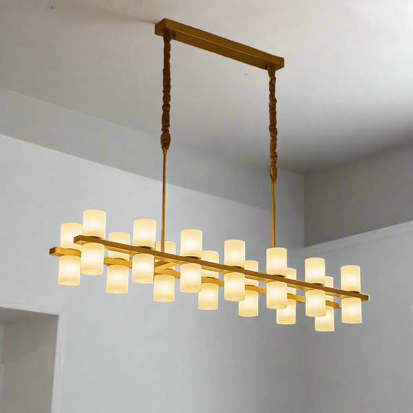 Linear Alabaster Cylinder and Brushed Brass Chandelier