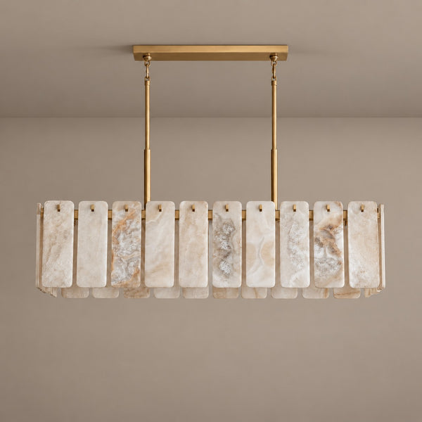 Linear Alabaster Panel and Brass Beam Chandelier
