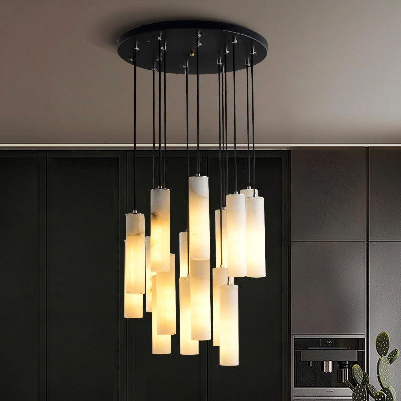 Linear Alabaster Ring Chandelier with Leather Straps