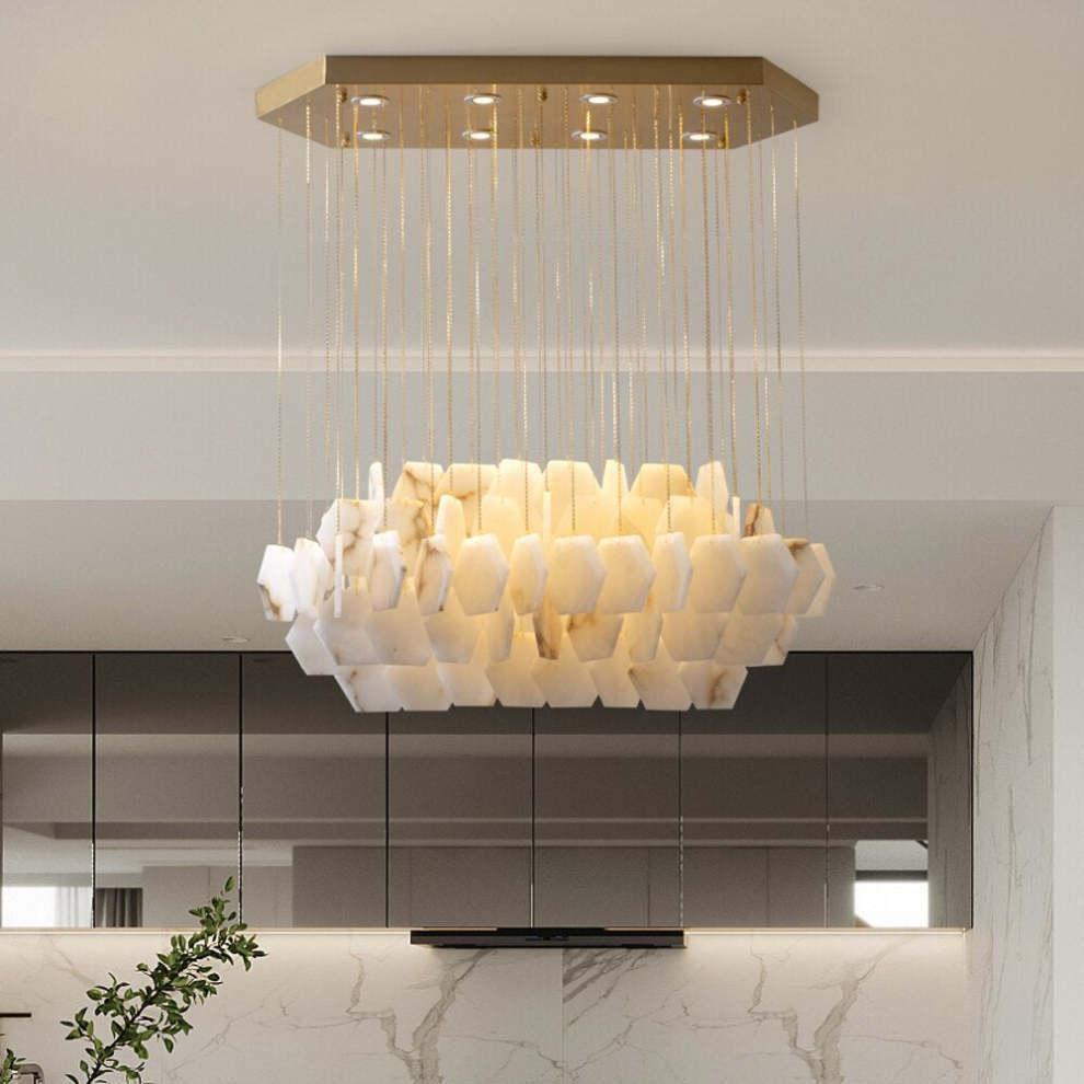 Linear Alabaster Slab and Brass Chandelier