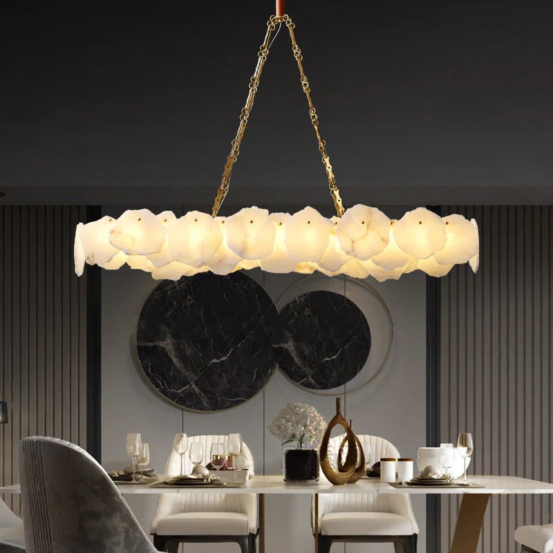 Linear Alabaster Snowflake Cluster and Copper Chandelier