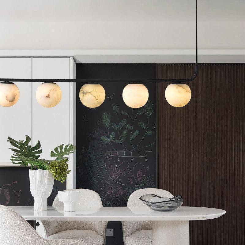 Linear Alabaster Sphere and Matte Black Chandelier