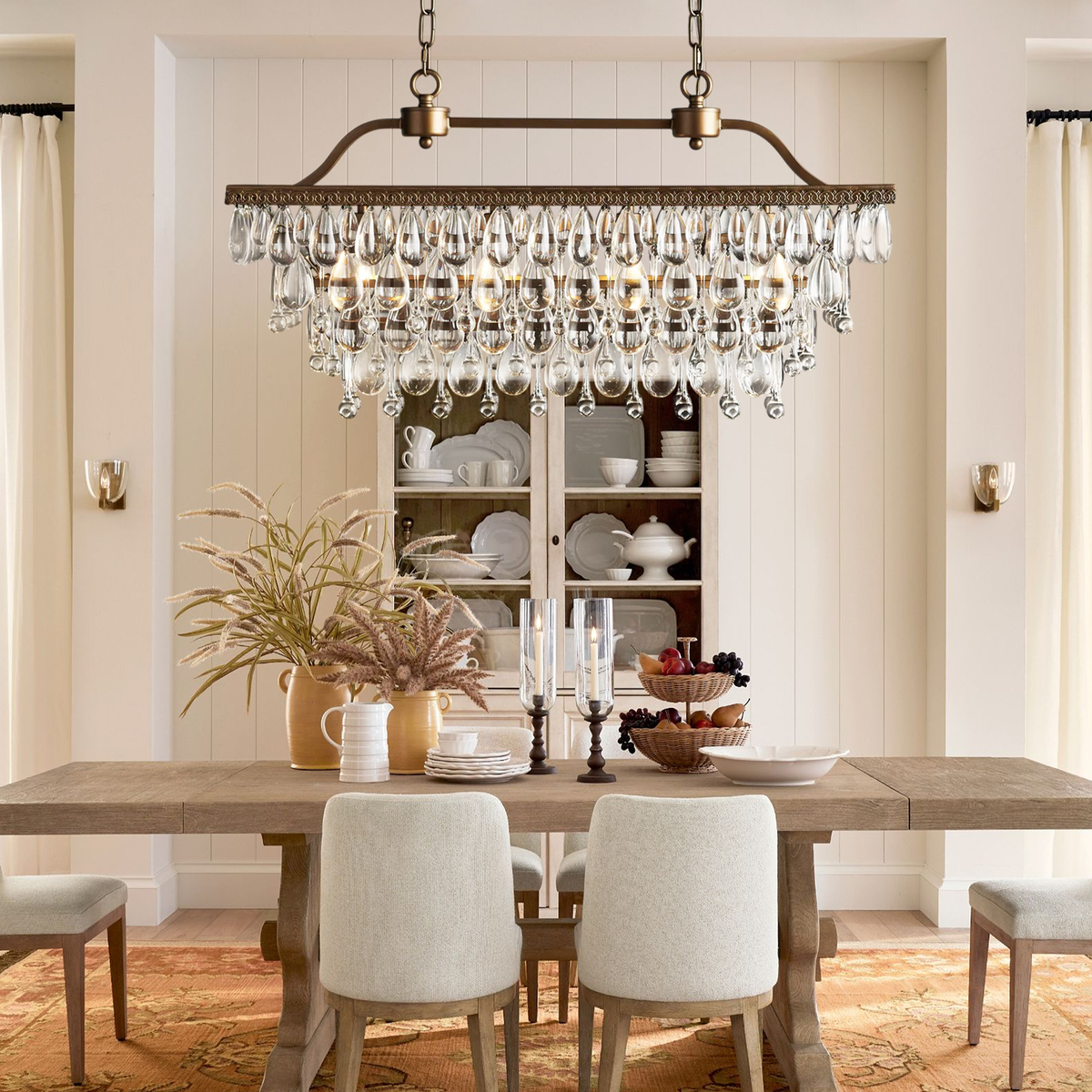 Linear Antique Gold Iron and Crystal Droplet Chandelier
