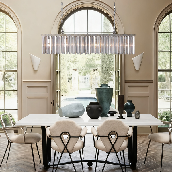 Linear Antique Silver Iron and Crystal Chandelier