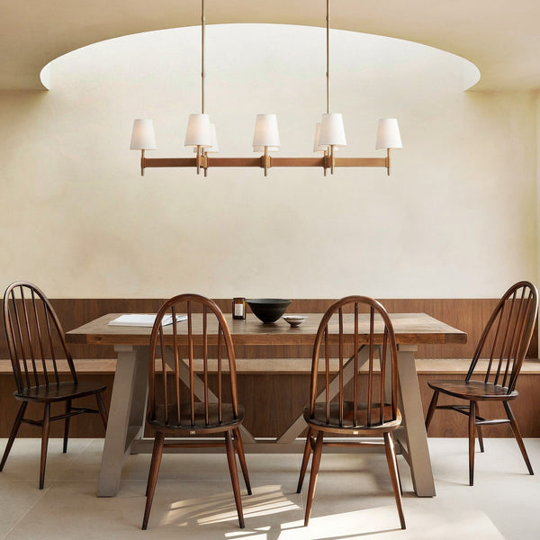 Linear Antiqued Brass Chandelier with Linen Shades