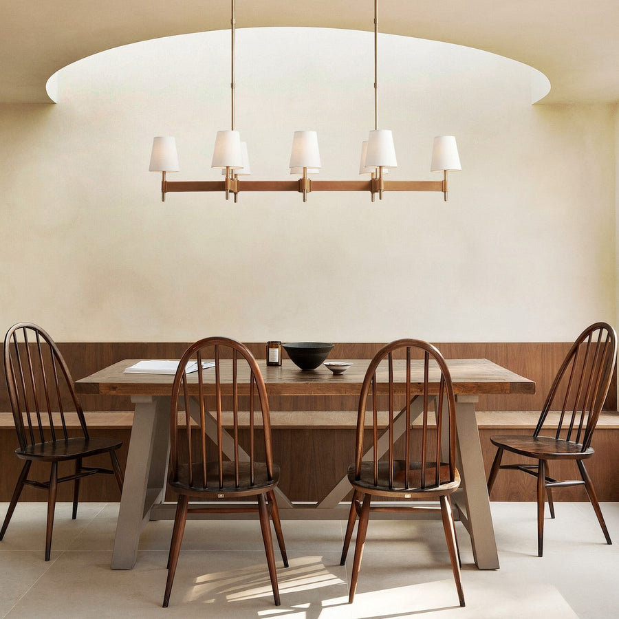 Linear Antiqued Brass Chandelier with Linen Shades