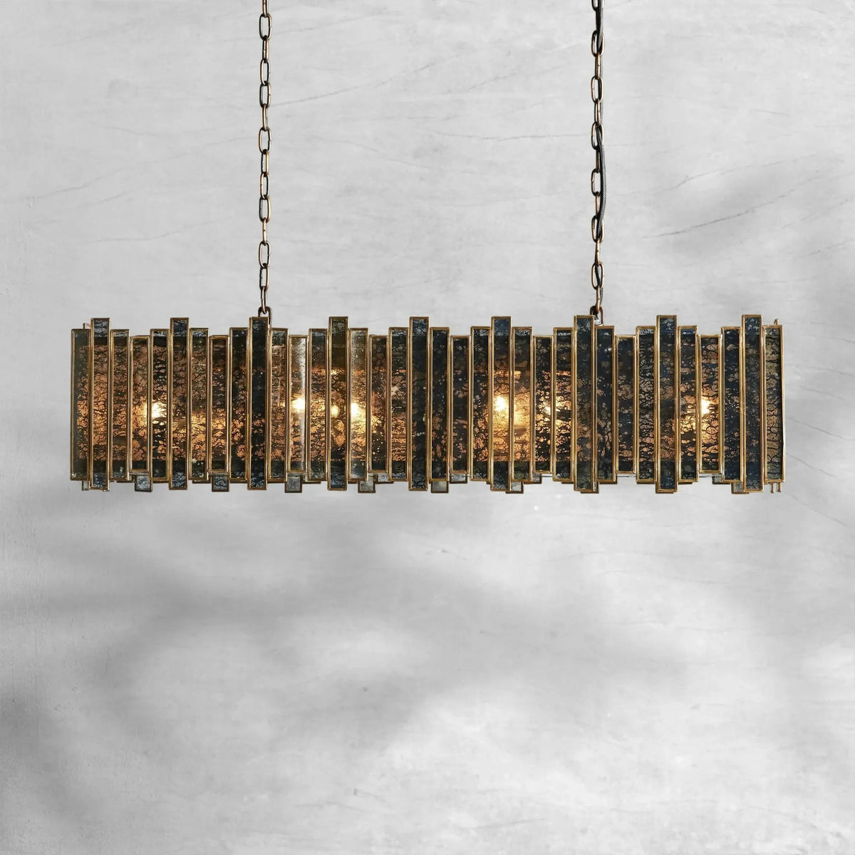 Linear Antiqued Mirrored Glass Copper Chandelier