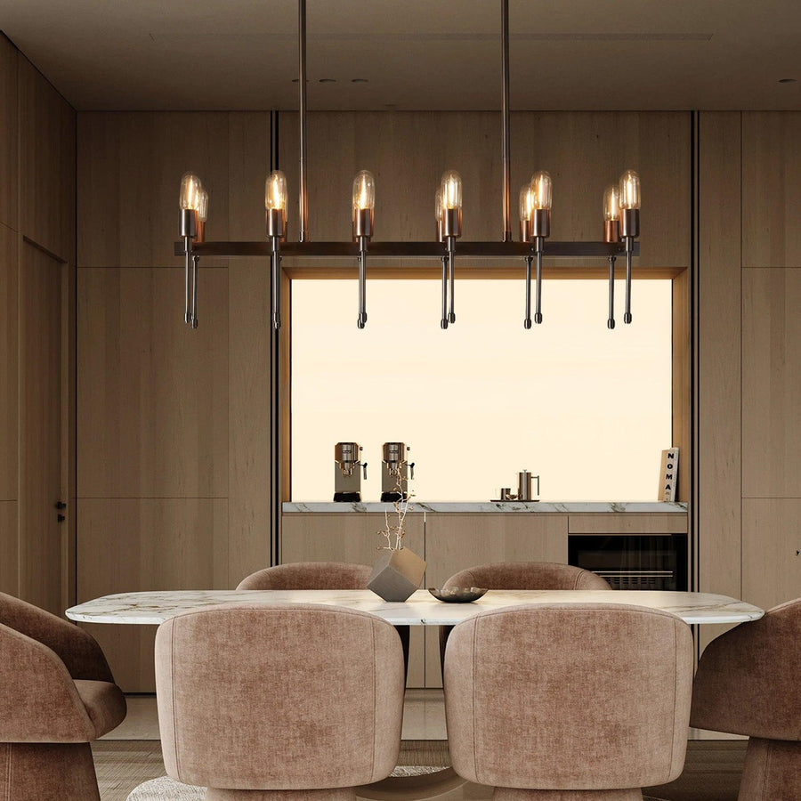Linear Bare Bulb Weathered Brass Steel Chandelier
