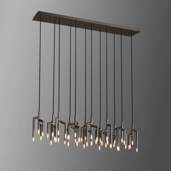Linear Black Brass Chandelier with Painted Floral Details