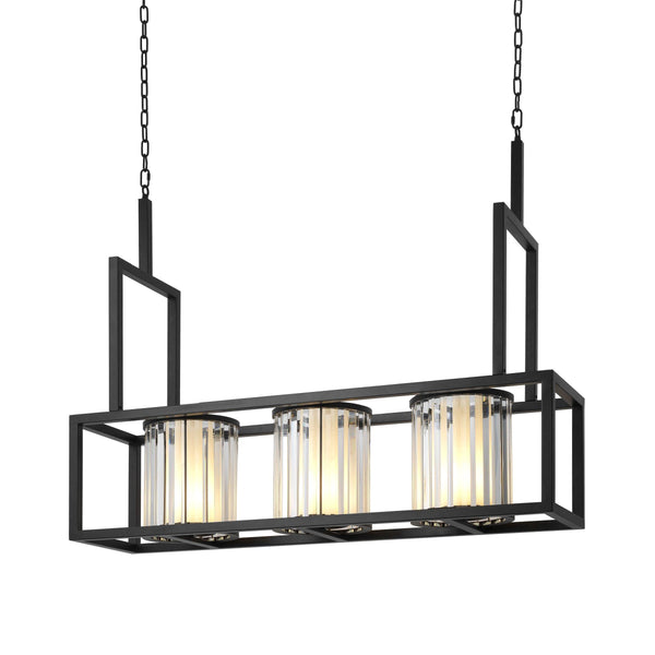 Linear Black Chandelier with Ribbed Crystal and Alabaster Shades