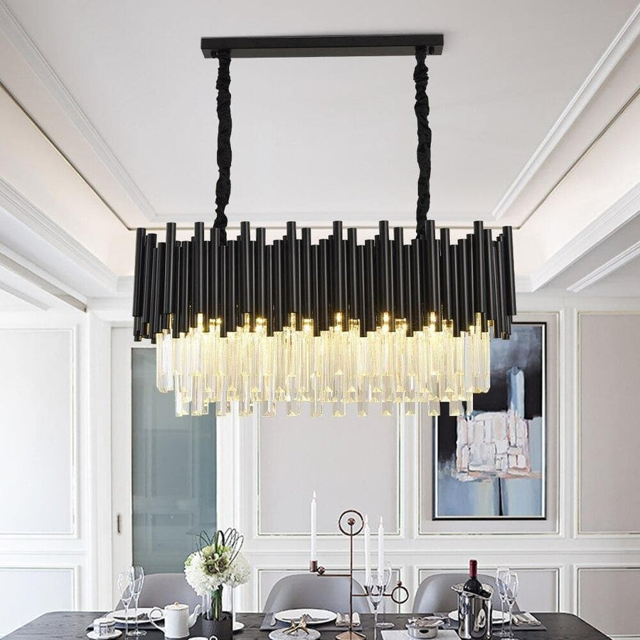Linear Black Steel and Layered Crystal Chandelier