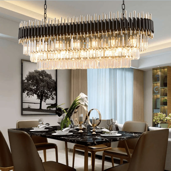 Linear Black Steel Crystal Strand Chandelier