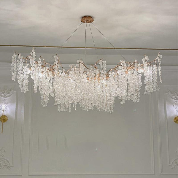 Linear Branch Brass and Glass Chandelier