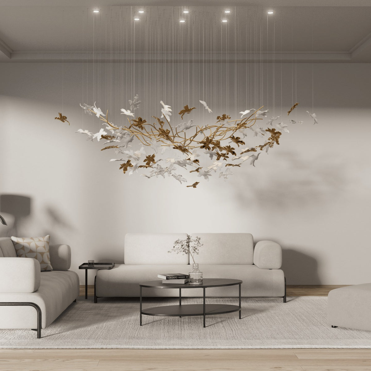 Linear Branch Chandelier with Leaf Crystal Glass