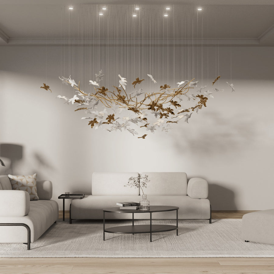 Linear Branch Chandelier with Leaf Crystal Glass