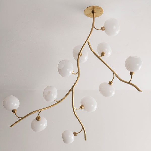 Linear Branching Brass and Glass Chandelier