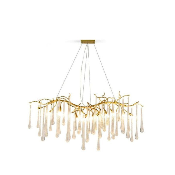 Linear Branching Brass Chandelier with Crystal Drops